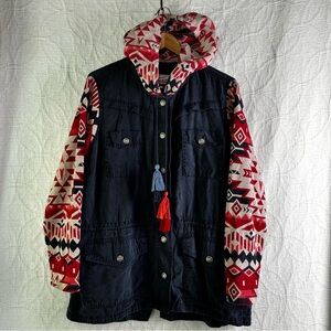 Ariat Jacket Women XL Tencel Snap Hoodie Shirt Jacket Aztec Print Tassels Casual